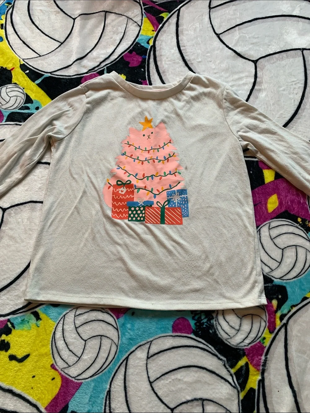 Cat & Jack Cream Long-Sleeve Top with Pink Cat-Tree Graphic